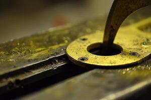 Close up of metal worker using divider calipers on metal plate photo