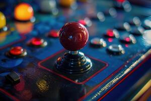 Red joystick standing out from crowd on colorful arcade game console photo