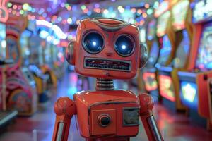 Old rusty toy robot standing in an arcade with neon lights photo