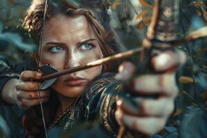 Beautiful female archer aiming at target with bow and arrow in forest photo