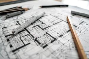 Architect desk showing blueprints of floor plan design for building project photo