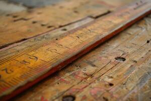 Old wooden ruler resting on rustic planks showing concept of measuring photo