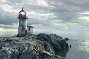 Lighthouse standing on rocky coastline guiding ships with its bright light photo