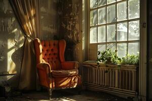 Old orange armchair illuminated by sunlight coming through window in deserted room photo