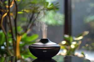 Black aroma diffuser releasing calming fragrance in a green environment photo