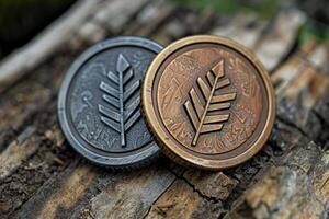 Two commemorative coins lying on a log with a fern design photo
