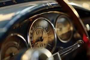Close up view of classic car dashboard showing speedometer and other instruments photo