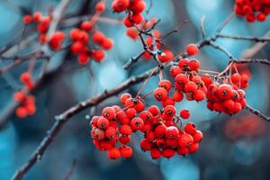 Close up view of red berries with a blurry background photo