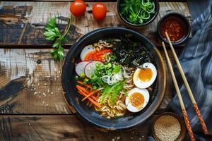 Steaming hot bowl of ramen with vegetables and eggs on rustic table setting photo