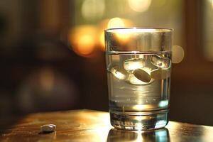 Glass of water with dissolved painkillers effervescent tablets on table top photo