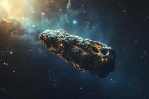 Large asteroid floating through deep space near bright nebula photo