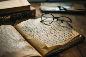 Old journal lying open on desk with eyeglasses and other books photo