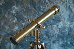 Antique brass telescope standing on a tripod is pointing to the left photo