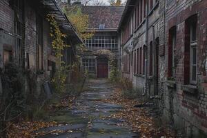 Pathway leading to abandoned industrial building with broken windows photo