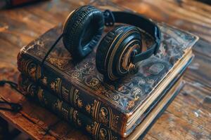 Headphones resting on stack of antique books on wooden table photo
