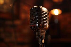 Vintage microphone standing on stage with blurred background photo