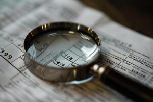 Magnifying glass analyzing numbers on paper document for mistakes photo