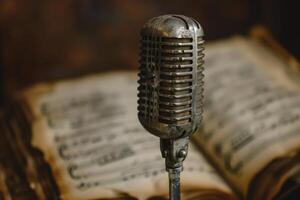 Vintage microphone standing in front of open music book photo