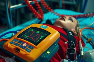 Defibrillator showing ekg while lying on a medical manikin during training exercise photo