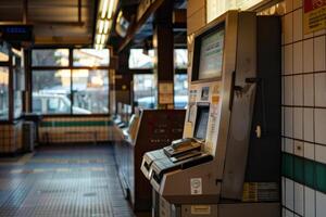 Old and dirty ticket machine standing in empty train station photo