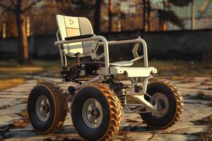 Innovative all terrain wheelchair standing on a path in nature photo