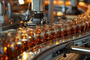 Conveyor belt transporting full jars in food processing plant photo