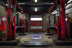 Empty car service station with hydraulic lifts and open garage door photo