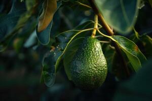 Single avocado growing from avocado tree branch photo