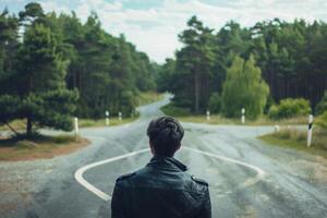 Man choosing between two roads, difficult decision concept photo