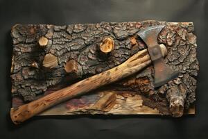 Double bit axe resting on log sections against black background photo