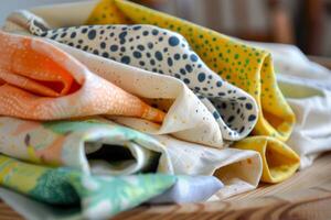 Colorful fabrics folded and stacked on table showing variety of colors and patterns photo