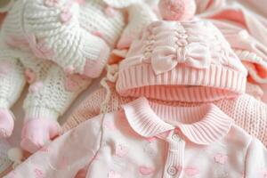Pink baby girl clothes knitted wool set with hats and booties photo