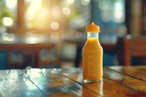 Bottle of orange juice sitting on a table in a cafe photo
