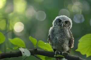 Baby long eared owl perched on branch in forest photo