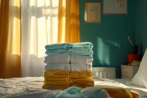 Stack of clean and folded towels lying on a bed in a sunny bedroom photo