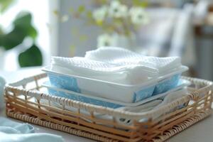 Stack of clean white dishcloths resting on blue and white dishes in wicker basket photo