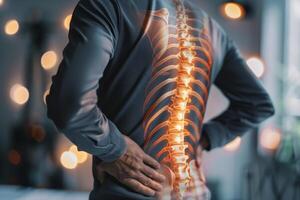 Man suffering from back pain with spine x ray highlighted photo