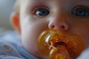Baby with a pacifier in its mouth photo