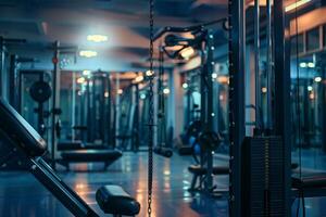 Empty gym with weights and exercise equipment at twilight photo