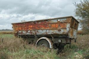 Old rusty abandoned trailer slowly decaying in a field photo