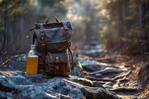 Hiker is enjoying a break in the forest on a sunny day photo