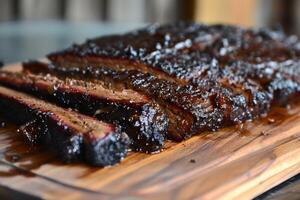 Juicy sliced brisket resting on a cutting board photo