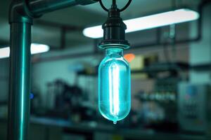 Modern designer blue lightbulb hanging in workshop setting photo