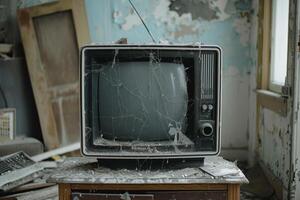 Old broken television set covered in dust and cobwebs in abandoned house photo