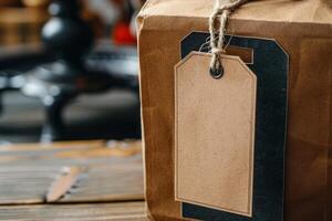 Brown paper package tied up with string with blank tag waiting for text photo