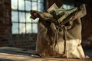 Old canvas sack overflowing with cash on table in abandoned building photo