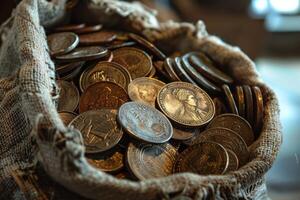 Old canvas bag overflowing with vintage european coins photo