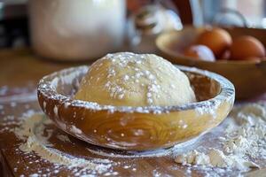 Fresh dough resting in wooden bowl for baking photo