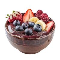 Delicious acai bowl with fresh fruits and chia seeds in rustic bowl photo