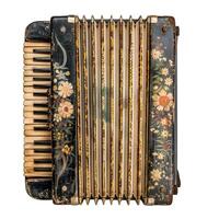 Antique accordion with floral decoration showing bellows and keys photo